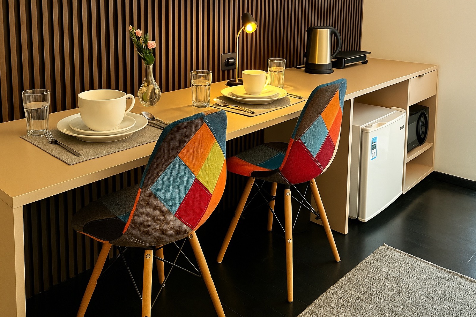 Comedor y área de trabajo equipada en un estudio de Portugal Suites